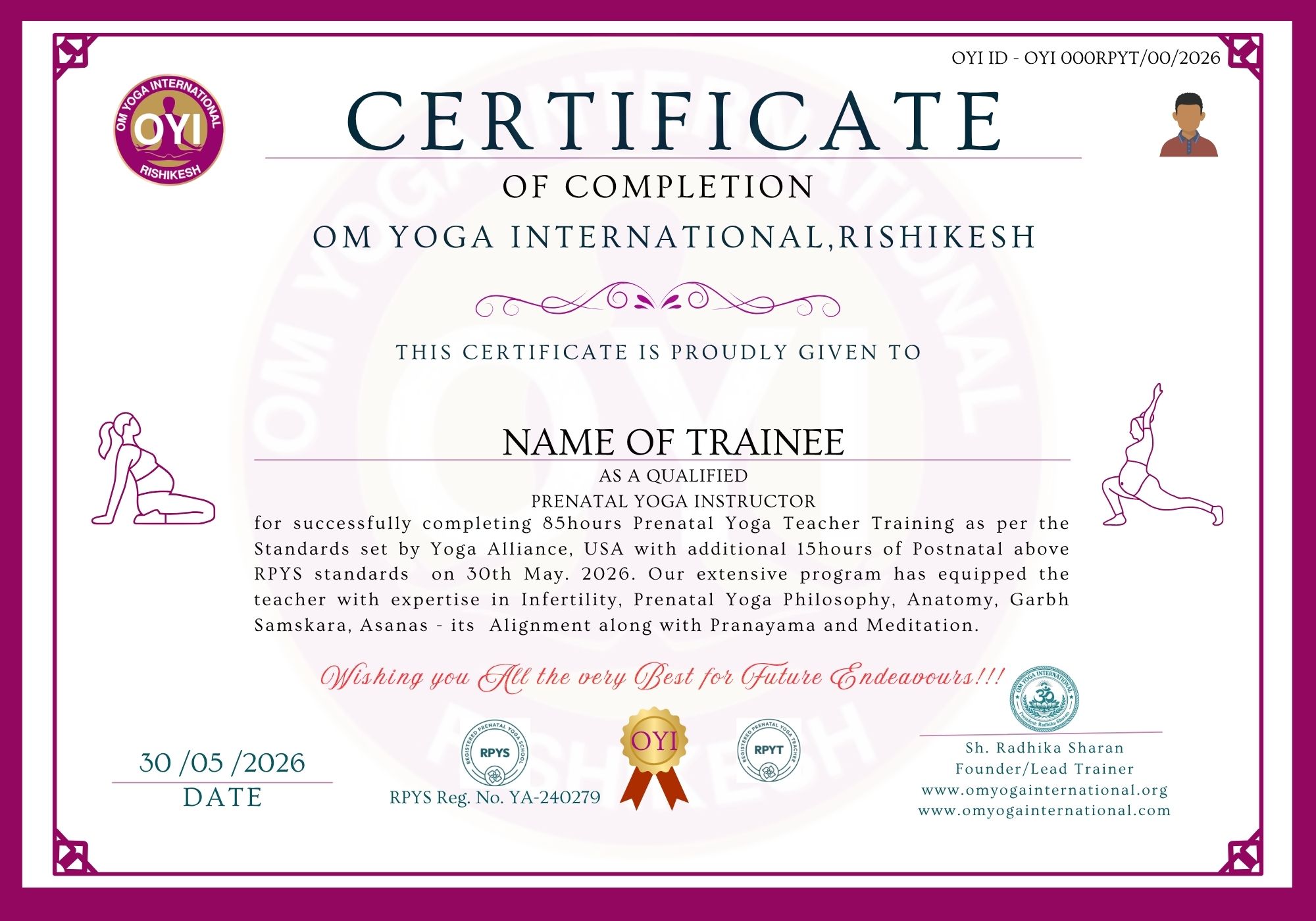 85hrs Prenatal & Postnatal Yoga Teacher Training certificate sample